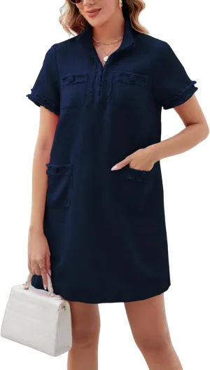 Ladyful Womens Tweed Jackie Dress Short Sleeve Elegant Mini Dress V Neck Work Office Business Wedding Guest Dress