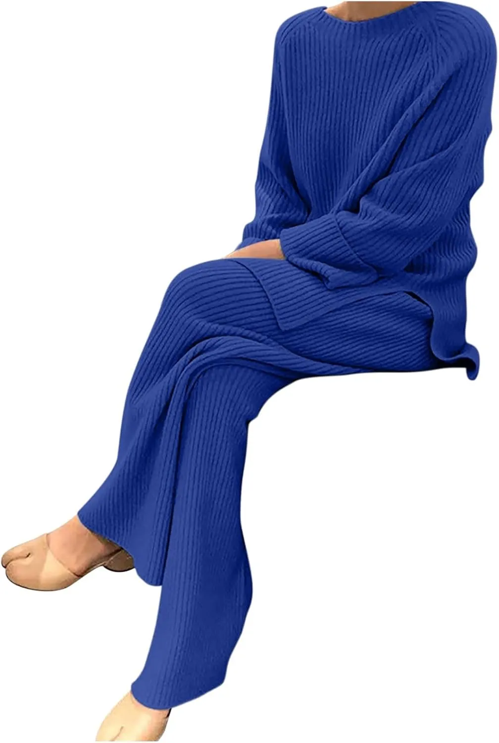 Lastesso Plus Size Loungewear Wide-Leg Baggy Trousers Knit Crewneck Pullover Oversizes Sweater Sets 2 Piece Lounge Wear