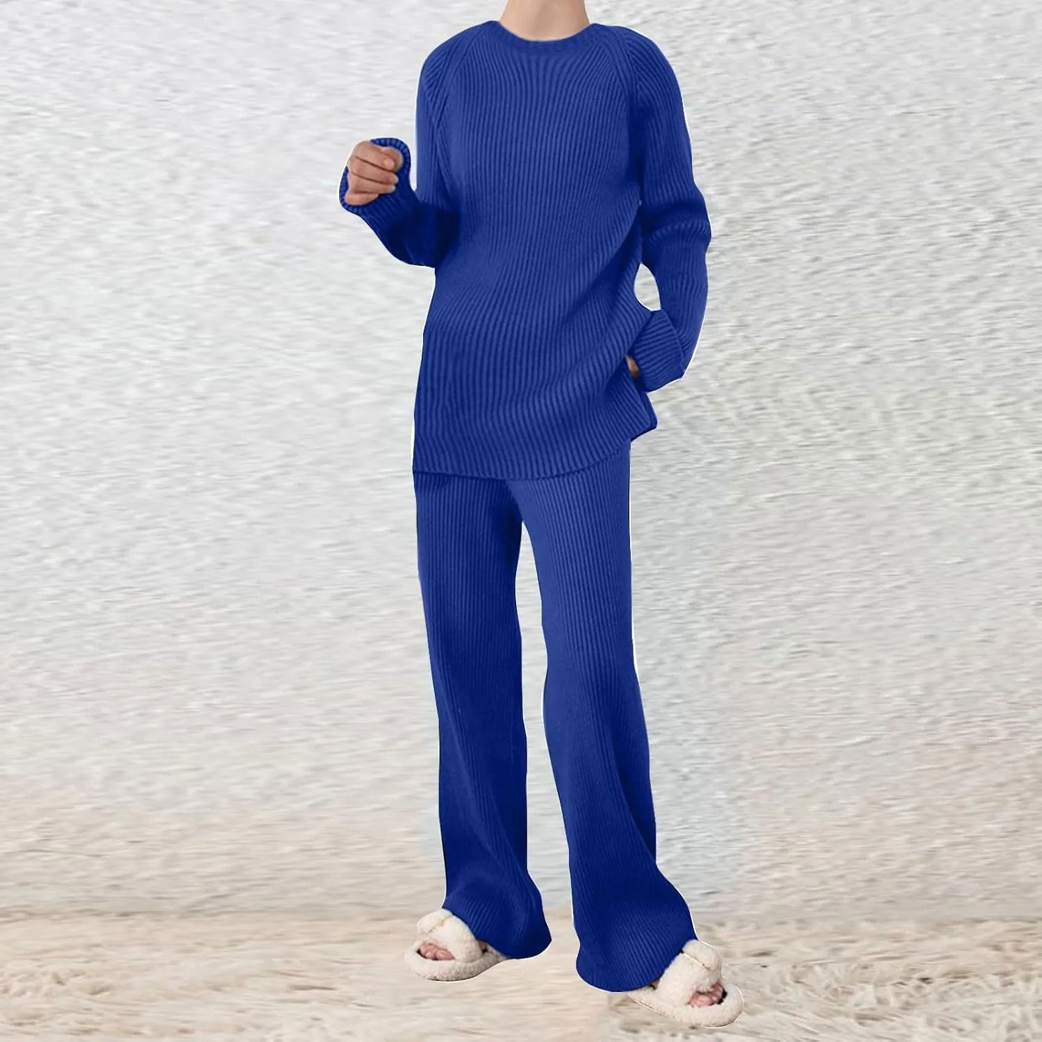 Lastesso Plus Size Loungewear Wide-Leg Baggy Trousers Knit Crewneck Pullover Oversizes Sweater Sets 2 Piece Lounge Wear