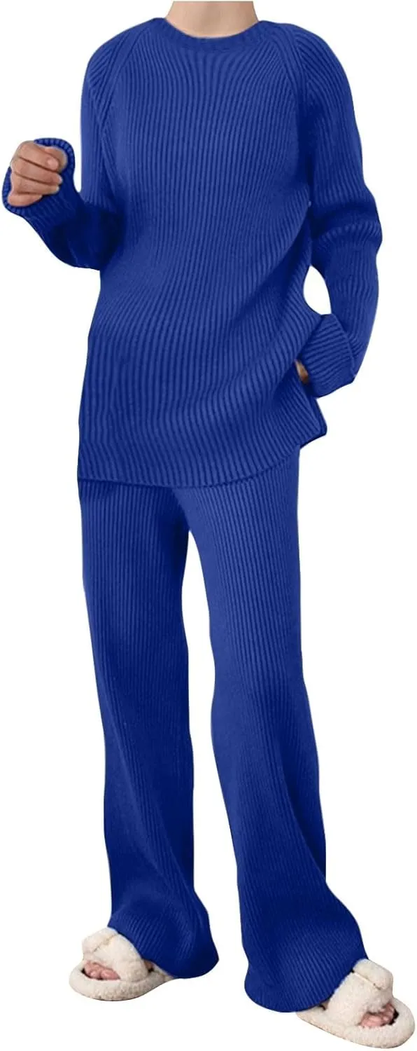 Lastesso Plus Size Loungewear Wide-Leg Baggy Trousers Knit Crewneck Pullover Oversizes Sweater Sets 2 Piece Lounge Wear