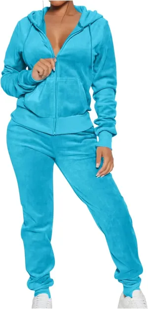 Lastesso Velour Tracksuit Womens Solid Color 2 Piece Tracksuit Zip Up Long Sleeve Tops Long Sweatpants Outfits Lounge Sets