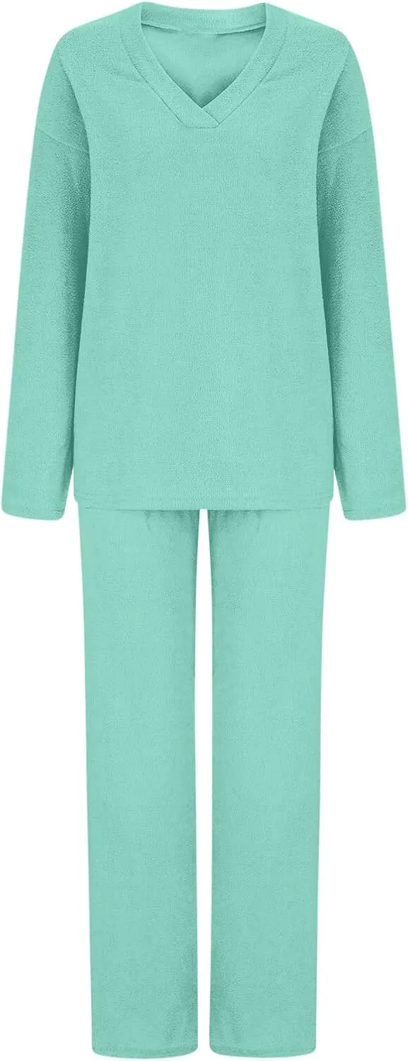 Lastesso Womens Fuzzy Loungewear Set Casual Size Solid Lounge Wear Soft V-Neck Pullovers Puff Palazzo Pants Soft Homewear Set
