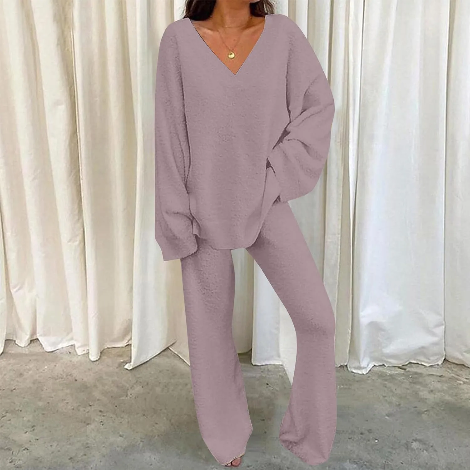 Lastesso Womens Fuzzy Loungewear Set Casual Size Solid Lounge Wear Soft V-Neck Pullovers Puff Palazzo Pants Soft Homewear Set