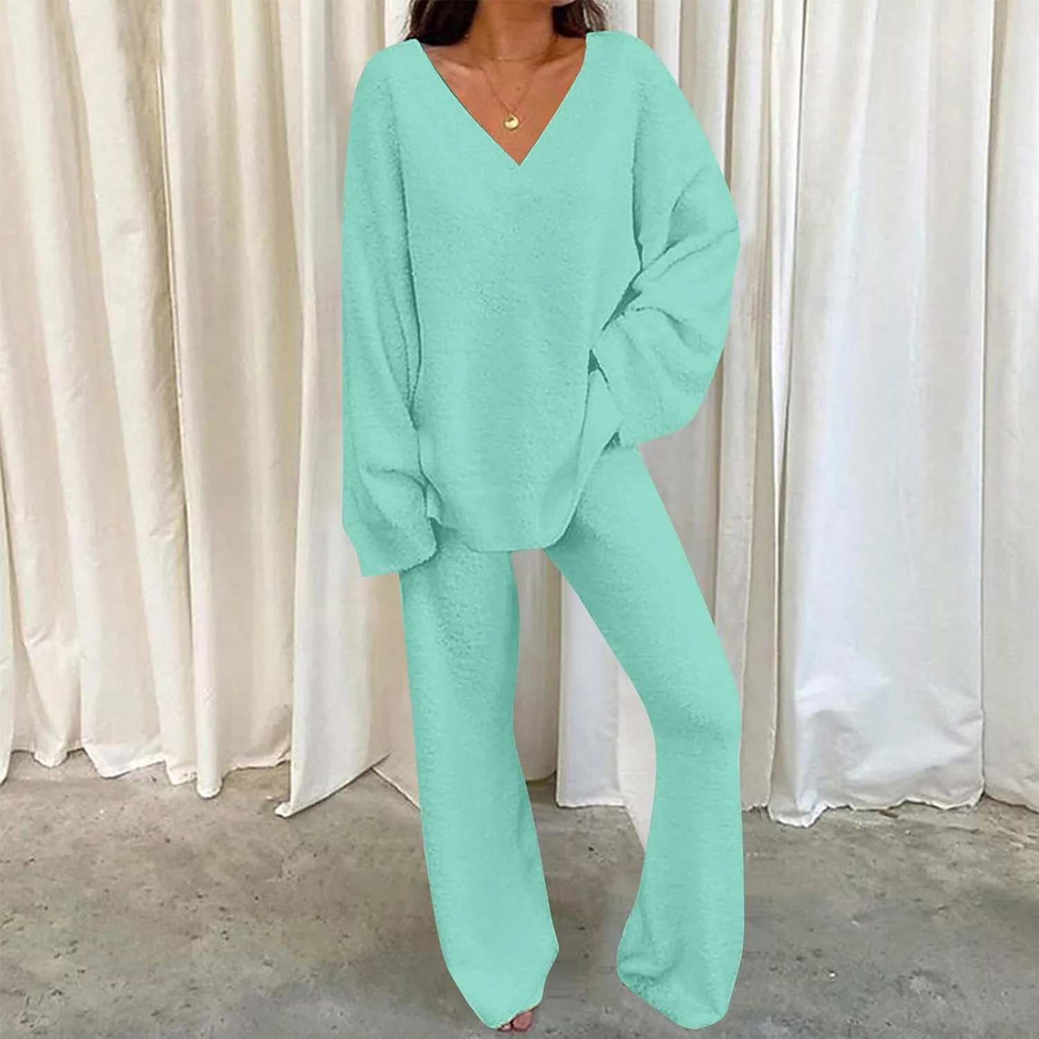 Lastesso Womens Fuzzy Loungewear Set Casual Size Solid Lounge Wear Soft V-Neck Pullovers Puff Palazzo Pants Soft Homewear Set