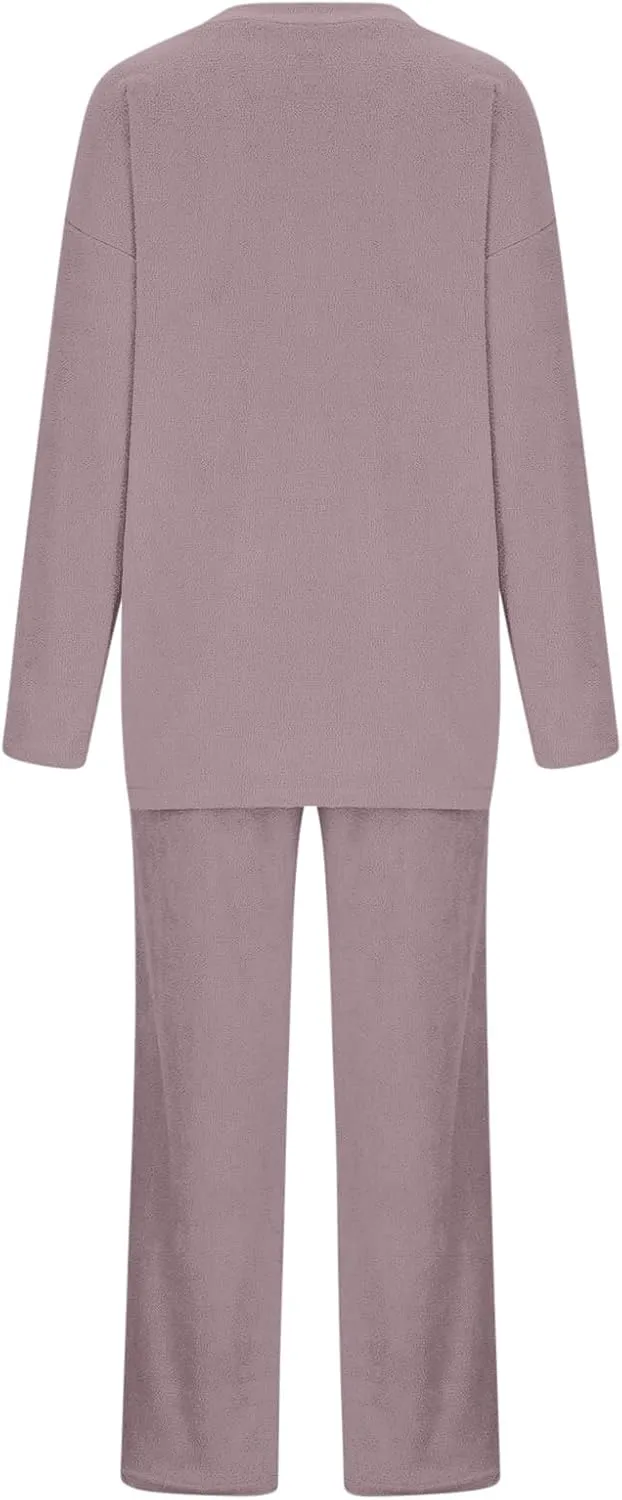 Lastesso Womens Fuzzy Loungewear Set Casual Size Solid Lounge Wear Soft V-Neck Pullovers Puff Palazzo Pants Soft Homewear Set