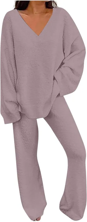 Lastesso Womens Fuzzy Loungewear Set Casual Size Solid Lounge Wear Soft V-Neck Pullovers Puff Palazzo Pants Soft Homewear Set
