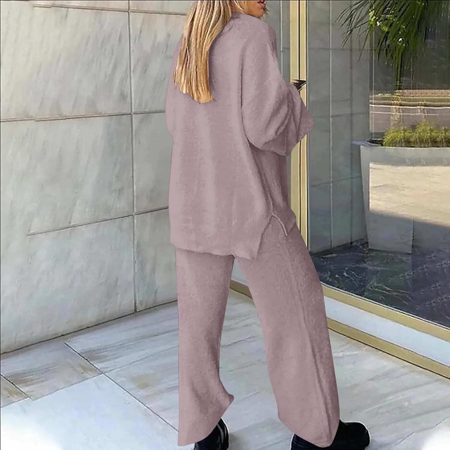 Lastesso Womens Fuzzy Loungewear Set Casual Size Solid Lounge Wear Soft V-Neck Pullovers Puff Palazzo Pants Soft Homewear Set