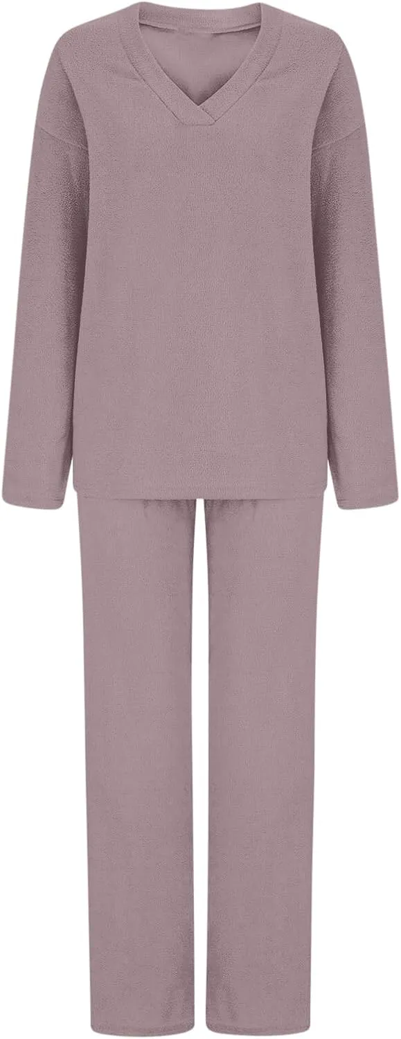 Lastesso Womens Fuzzy Loungewear Set Casual Size Solid Lounge Wear Soft V-Neck Pullovers Puff Palazzo Pants Soft Homewear Set