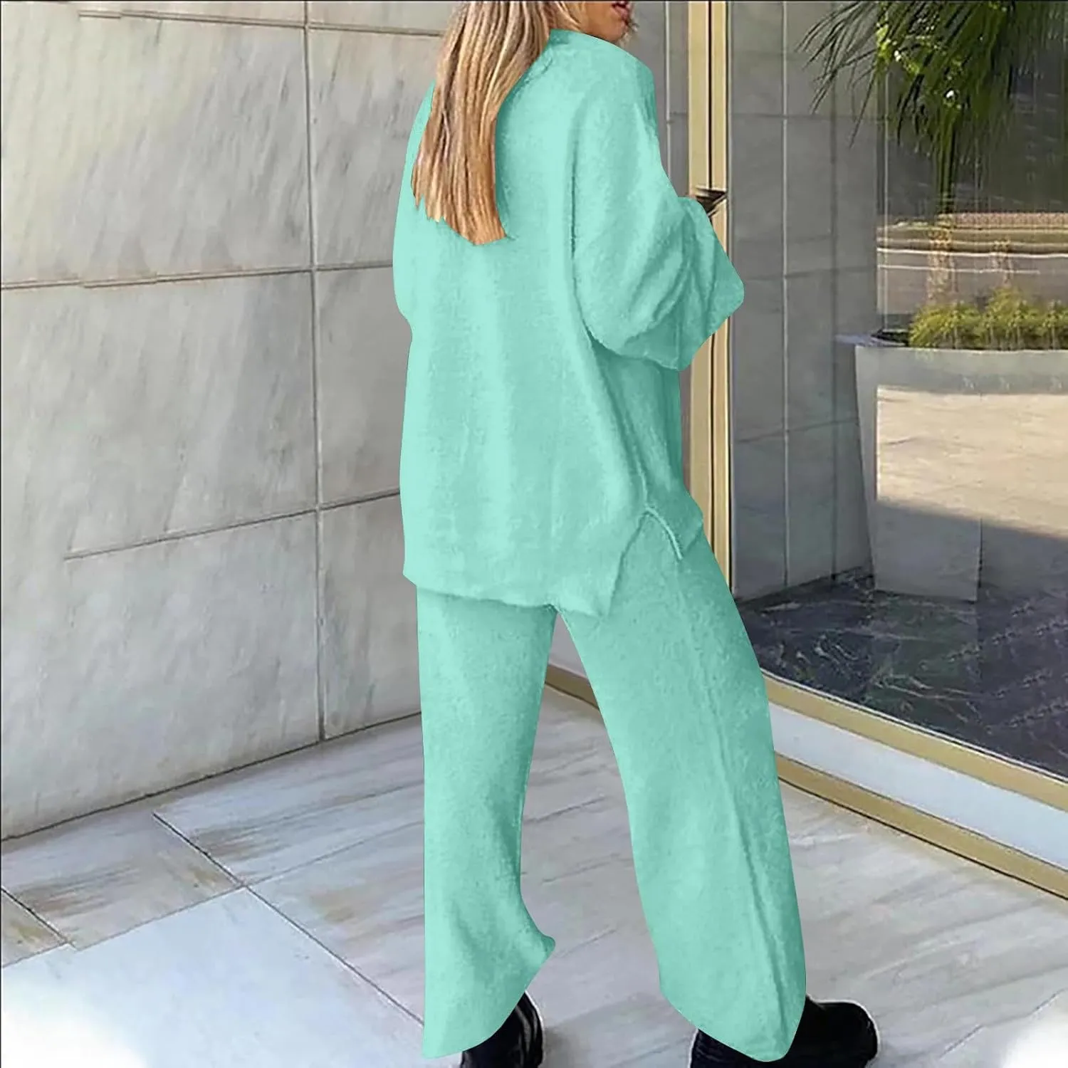 Lastesso Womens Fuzzy Loungewear Set Casual Size Solid Lounge Wear Soft V-Neck Pullovers Puff Palazzo Pants Soft Homewear Set