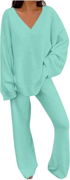 Lastesso Womens Fuzzy Loungewear Set Casual Size Solid Lounge Wear Soft V-Neck Pullovers Puff Palazzo Pants Soft Homewear Set