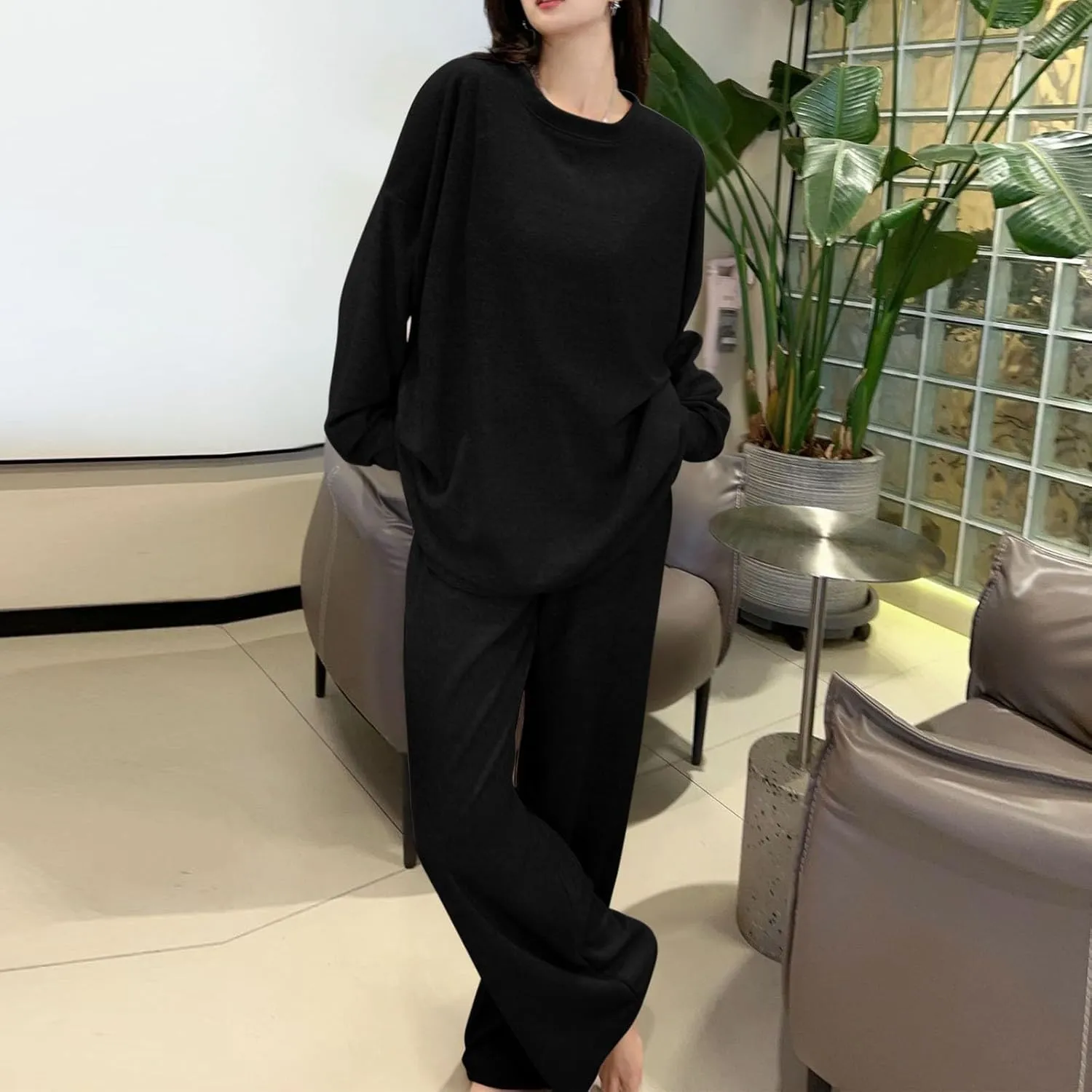Lastesso Womens Loungewear Set Oversized Long Sleeve Wid Leg Homewear Casual Sleepwear Soft Tracksuit Pajama Suits