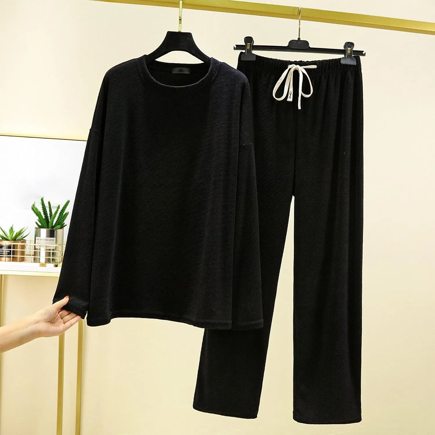 Lastesso Womens Loungewear Set Oversized Long Sleeve Wid Leg Homewear Casual Sleepwear Soft Tracksuit Pajama Suits