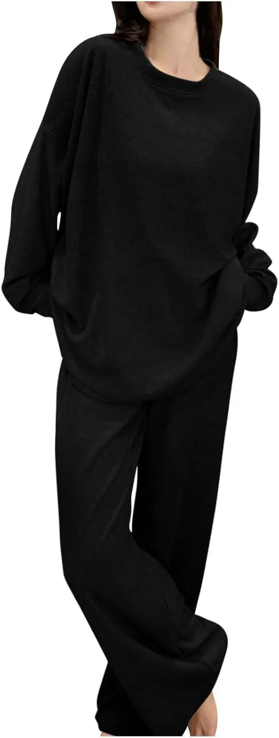Lastesso Womens Loungewear Set Oversized Long Sleeve Wid Leg Homewear Casual Sleepwear Soft Tracksuit Pajama Suits