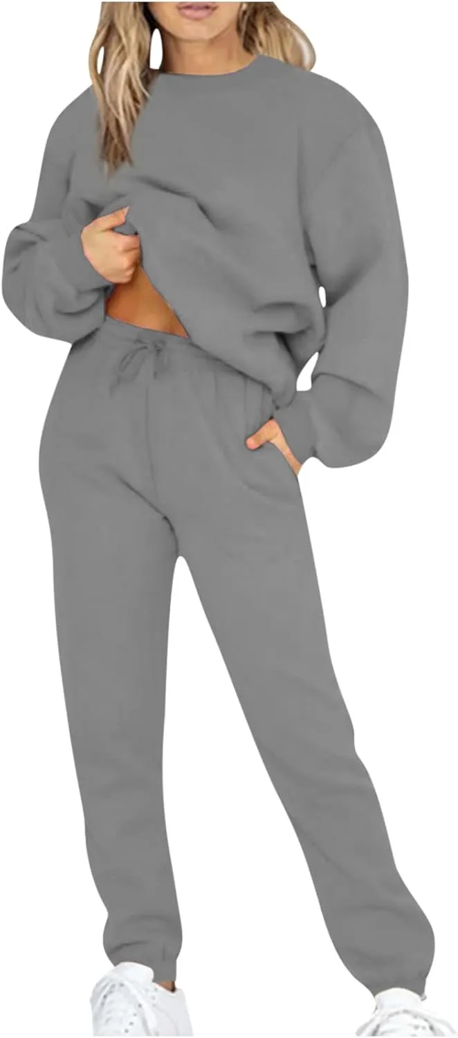 Lastesso Womens Loungewear Set Plus Size Sweatsuits Crewneck Long Sleeve Sweatshirt Baggy Sweatpants Outfits 2 Piece Sets