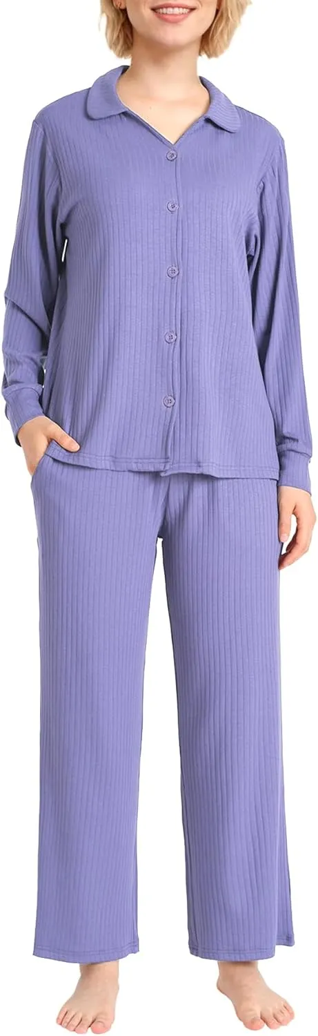Latuza Women's Petite Pajamas Set Ribbed Knit Long Sleeve Pajamas Petite Size