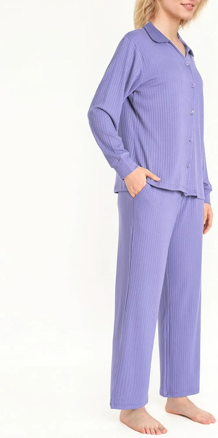 Latuza Women's Petite Pajamas Set Ribbed Knit Long Sleeve Pajamas Petite Size