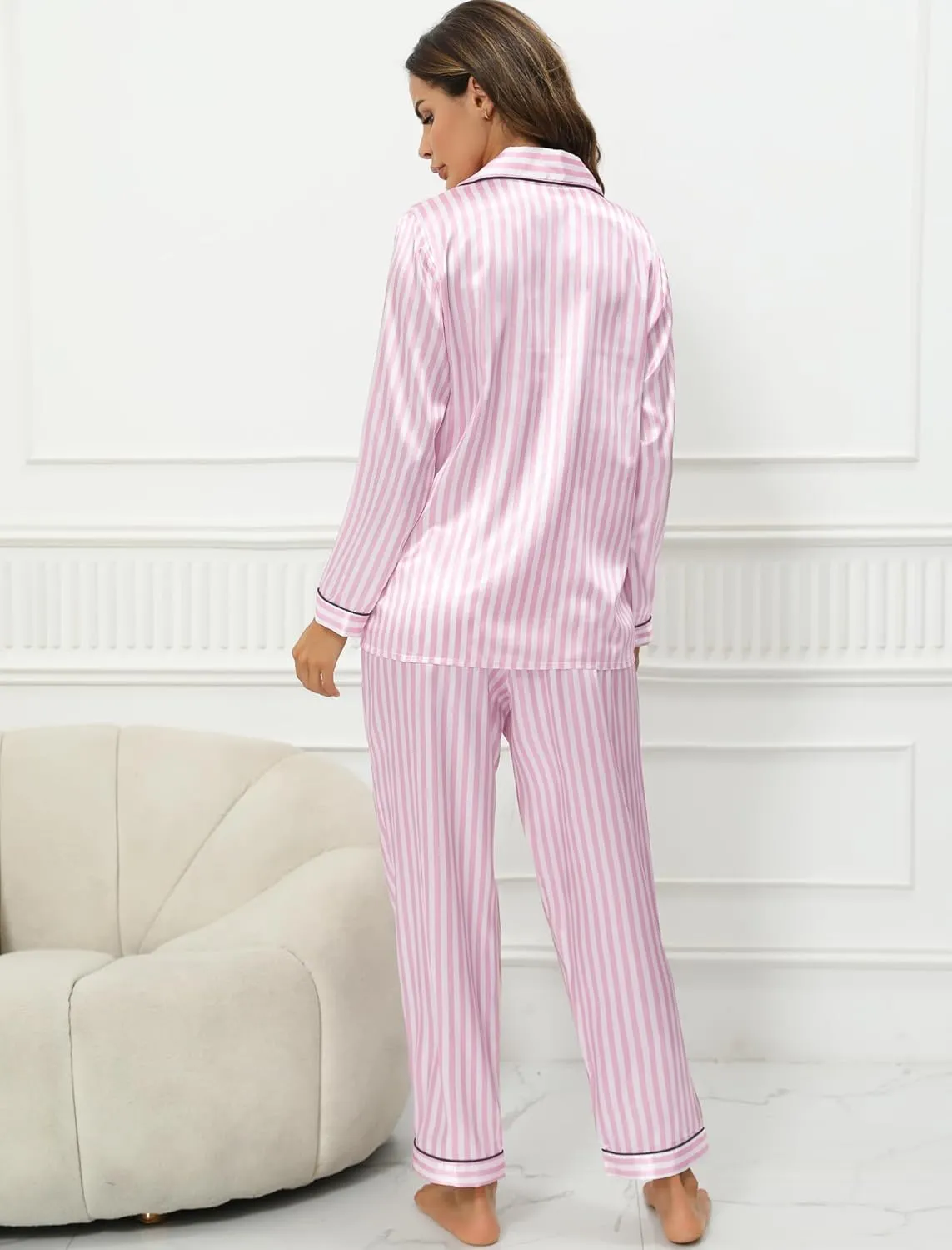 Leikar Silk Pajamas Long Sleeve Pajama Sets For Women Soft Button Down Pajamas Pj Set