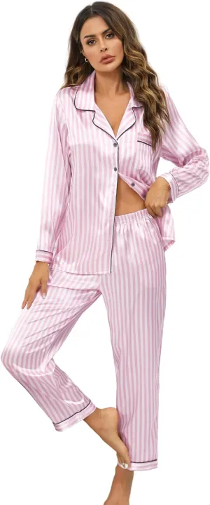 Leikar Silk Pajamas Long Sleeve Pajama Sets For Women Soft Button Down Pajamas Pj Set