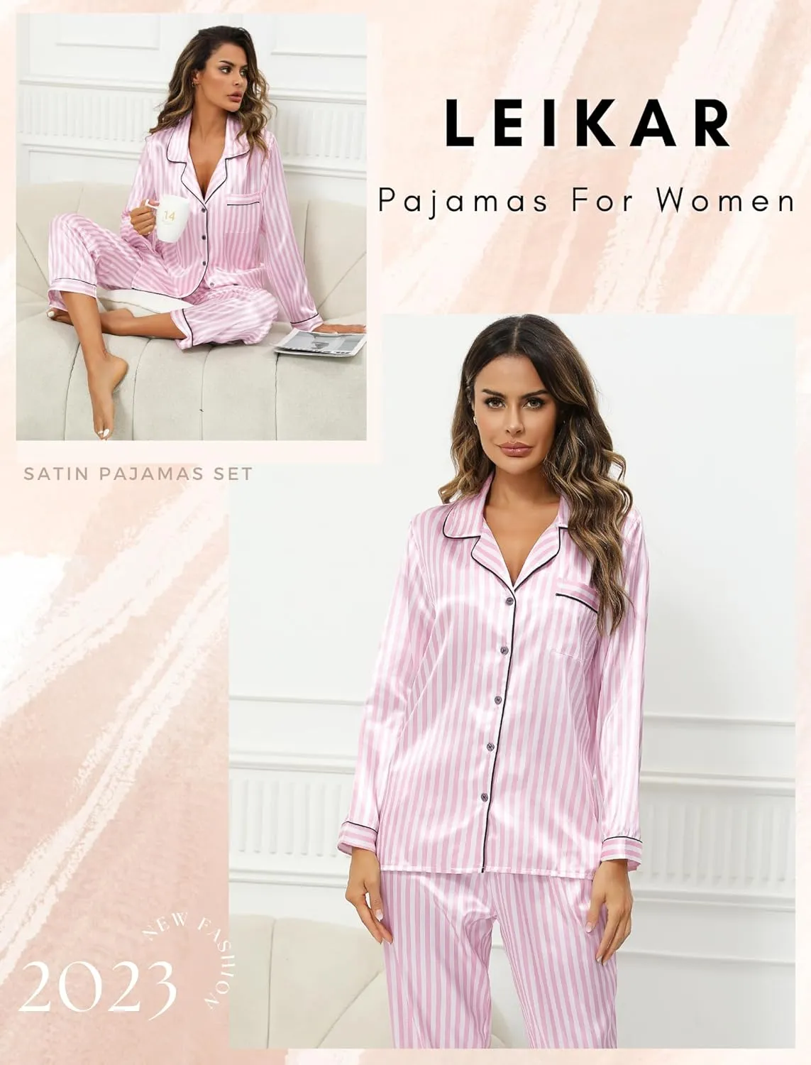 Leikar Silk Pajamas Long Sleeve Pajama Sets For Women Soft Button Down Pajamas Pj Set