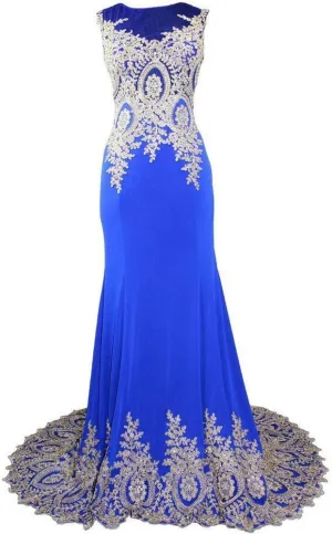 Lemai Spandex Mermaid Long Sheer Gold Crystals Lace Prom Evening Dresses