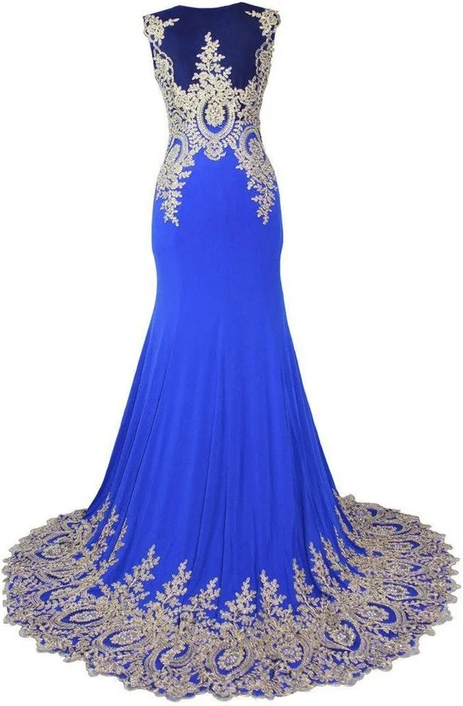 Lemai Spandex Mermaid Long Sheer Gold Crystals Lace Prom Evening Dresses