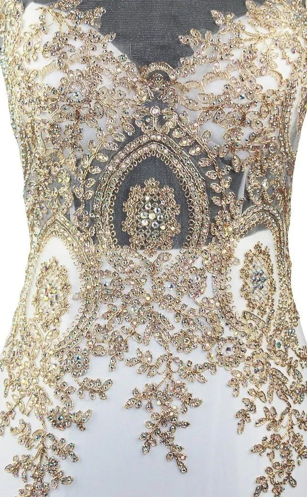 Lemai Spandex Mermaid Long Sheer Gold Crystals Lace Prom Evening Dresses