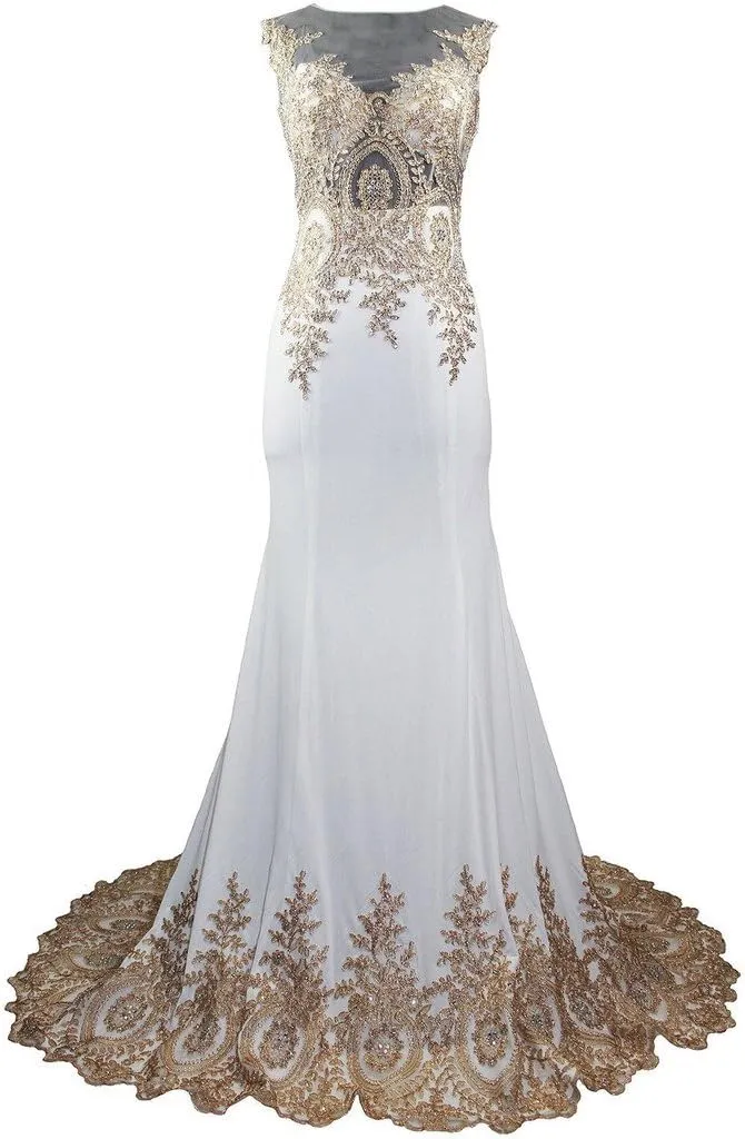 Lemai Spandex Mermaid Long Sheer Gold Crystals Lace Prom Evening Dresses