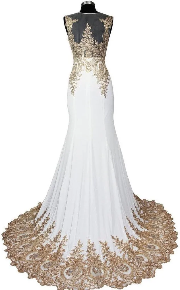 Lemai Spandex Mermaid Long Sheer Gold Crystals Lace Prom Evening Dresses