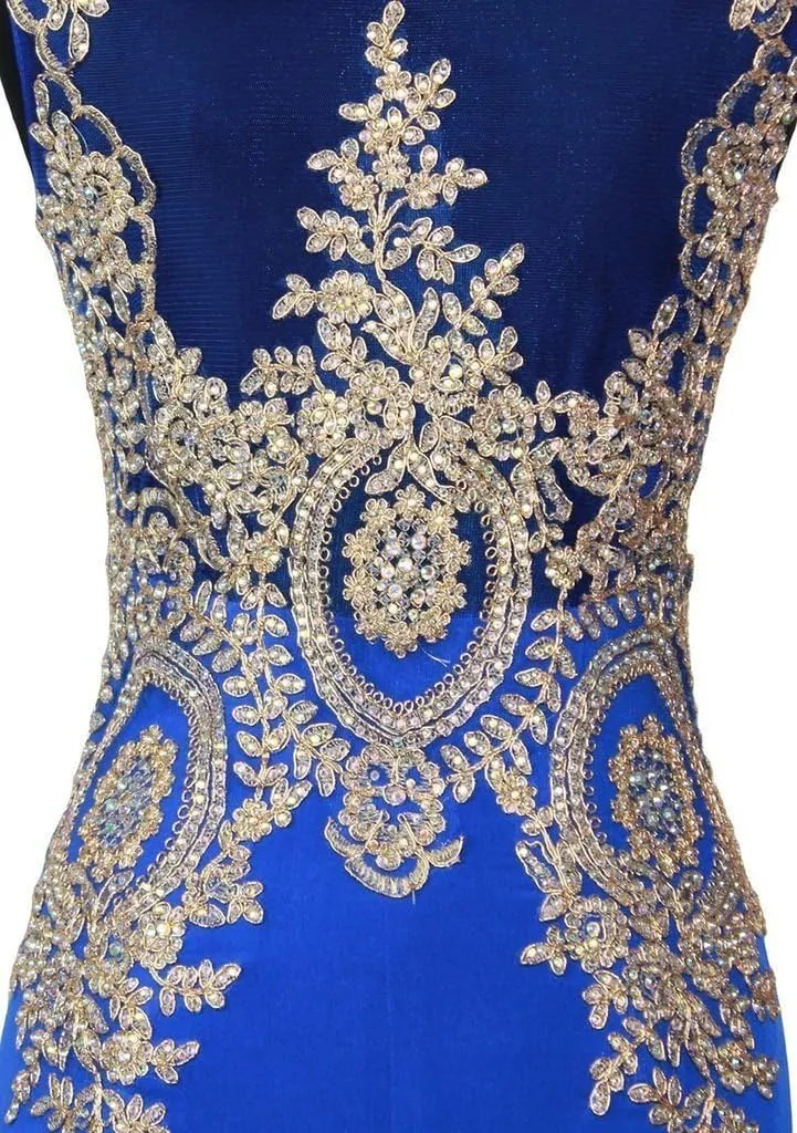 Lemai Spandex Mermaid Long Sheer Gold Crystals Lace Prom Evening Dresses