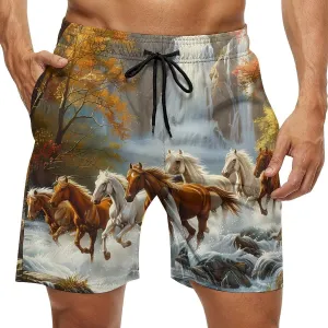 Life Mountain Stream Running Horse Wild Men's Swim Trunks Quick Dry Board Shorts Breathable Summer Beach Shorts Bathing Suits