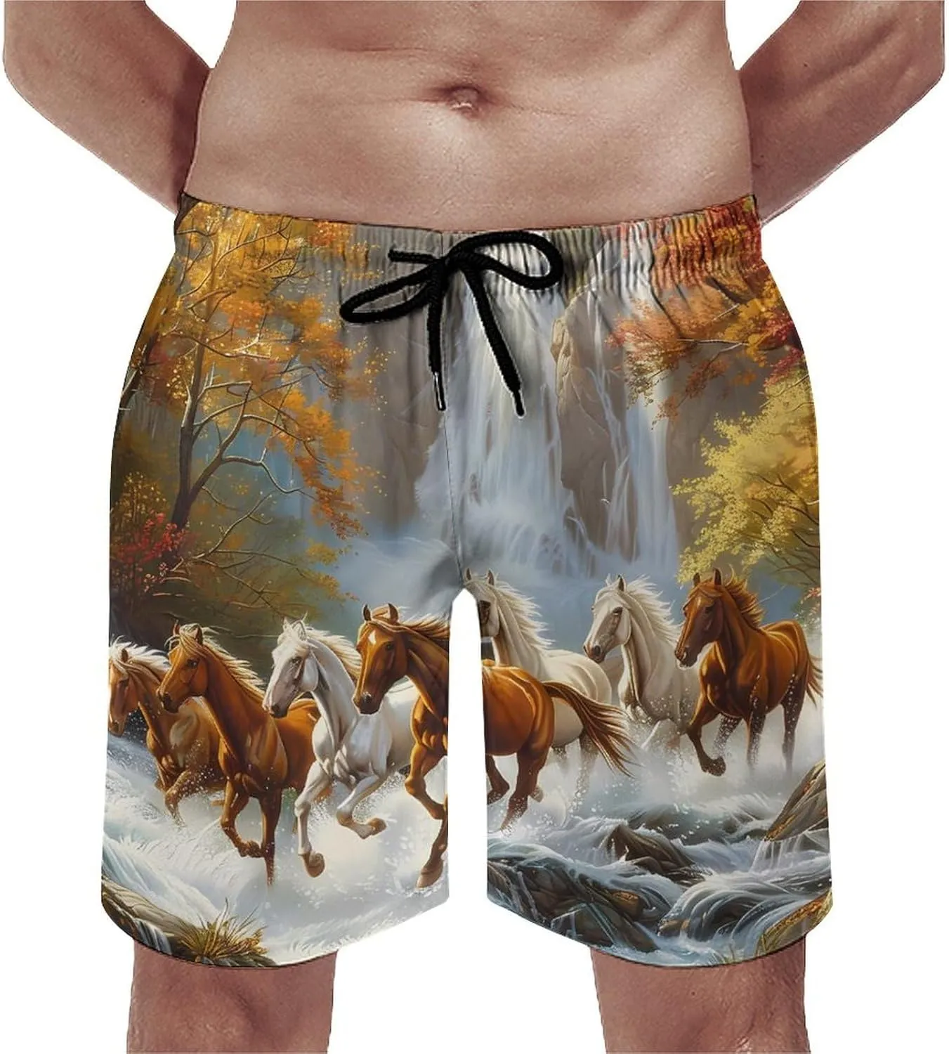 Life Mountain Stream Running Horse Wild Men's Swim Trunks Quick Dry Board Shorts Breathable Summer Beach Shorts Bathing Suits
