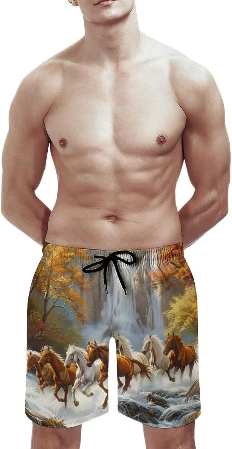 Life Mountain Stream Running Horse Wild Men's Swim Trunks Quick Dry Board Shorts Breathable Summer Beach Shorts Bathing Suits