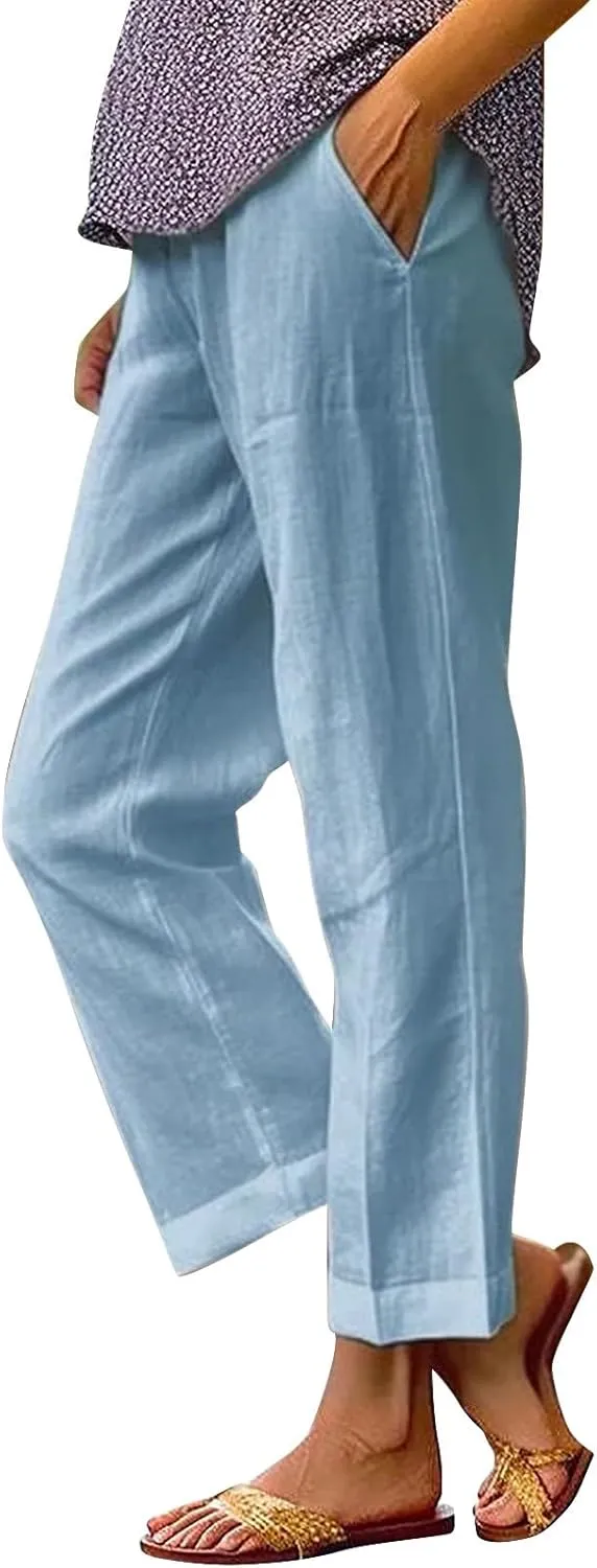 Linen Pants Straight Solid Elastic Pants Long Drawstring Linen Women Waist Cotton 2025 Beach Travel Vacation Outfits