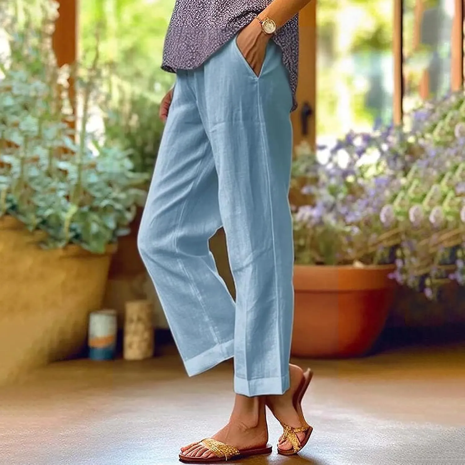 Linen Pants Straight Solid Elastic Pants Long Drawstring Linen Women Waist Cotton 2025 Beach Travel Vacation Outfits
