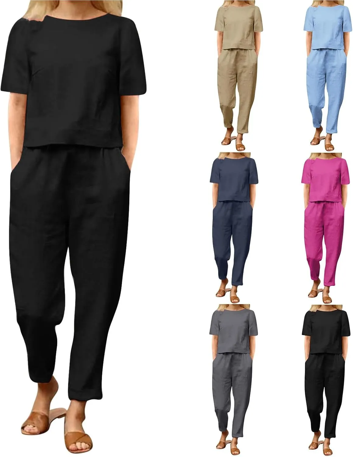 Linen Sets for Women 2 Piece Casual Summer Outfits Short Sleeve Round Neck Shirt Loose Straight Leg Pants Loungewear