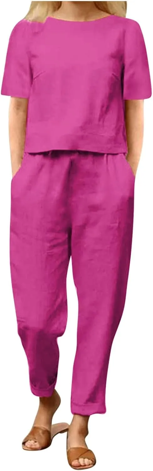 Linen Sets for Women 2 Piece Casual Summer Outfits Short Sleeve Round Neck Shirt Loose Straight Leg Pants Loungewear