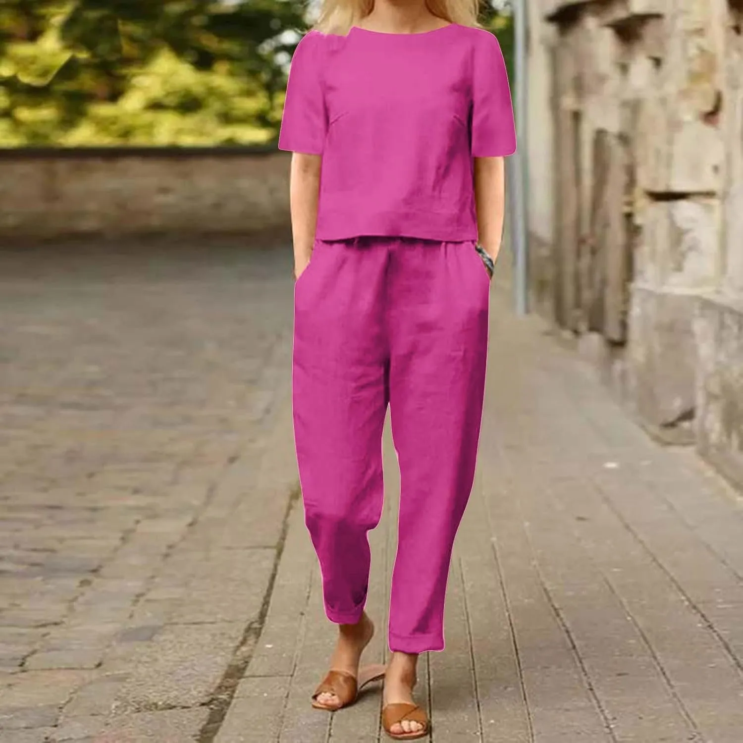 Linen Sets for Women 2 Piece Casual Summer Outfits Short Sleeve Round Neck Shirt Loose Straight Leg Pants Loungewear
