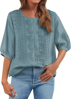 Linen Shirts for Women 2025 Summer Trendy Retro Embroidered 3/4 Sleeve Gauze Tops Casual Comfy Boho Vacation Blouses