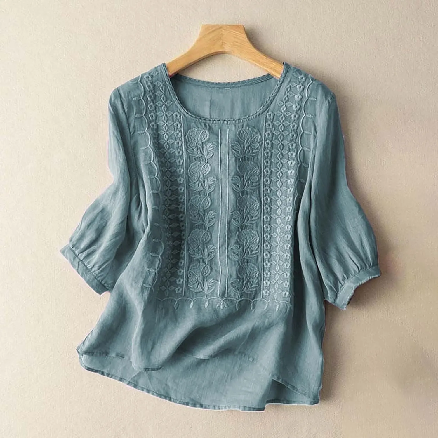 Linen Shirts for Women 2025 Summer Trendy Retro Embroidered 3/4 Sleeve Gauze Tops Casual Comfy Boho Vacation Blouses