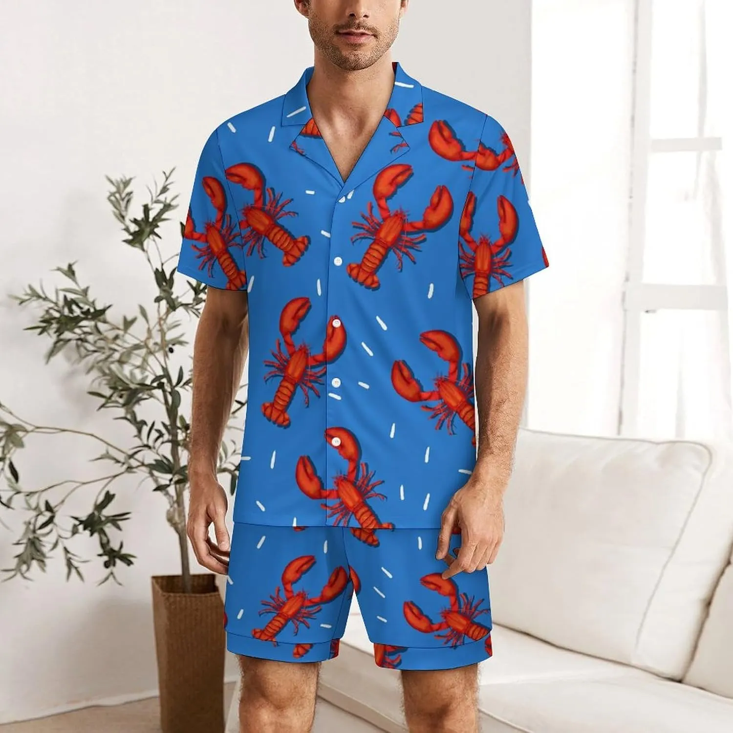 Lobster Mens Pajama Set Short Sleeve 2 Piece Sleepwear Button Down Tops And Shorts Loungewear Outfits