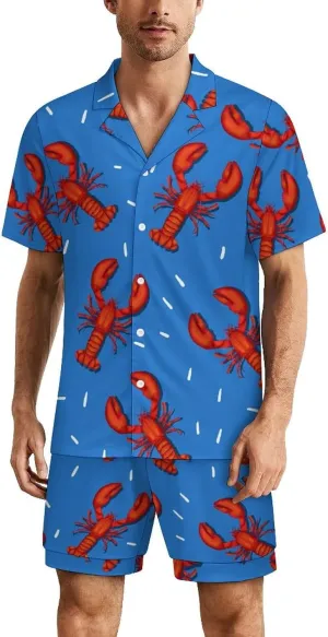 Lobster Mens Pajama Set Short Sleeve 2 Piece Sleepwear Button Down Tops And Shorts Loungewear Outfits
