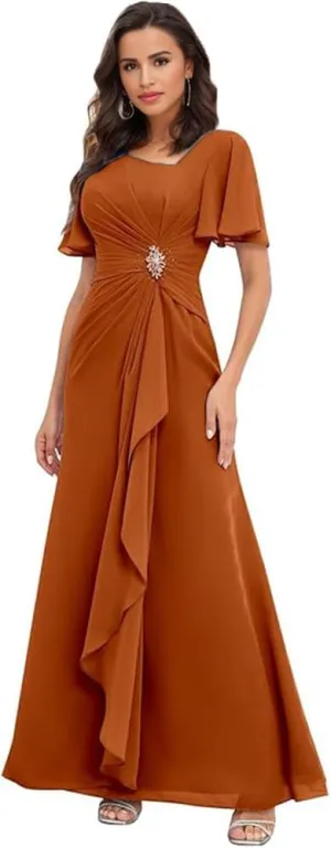 Long Mother of The Bride Dresses with Sleeves V Neck Ruffles Beaded A Line Chiffon Formal Wedding Guest Dress