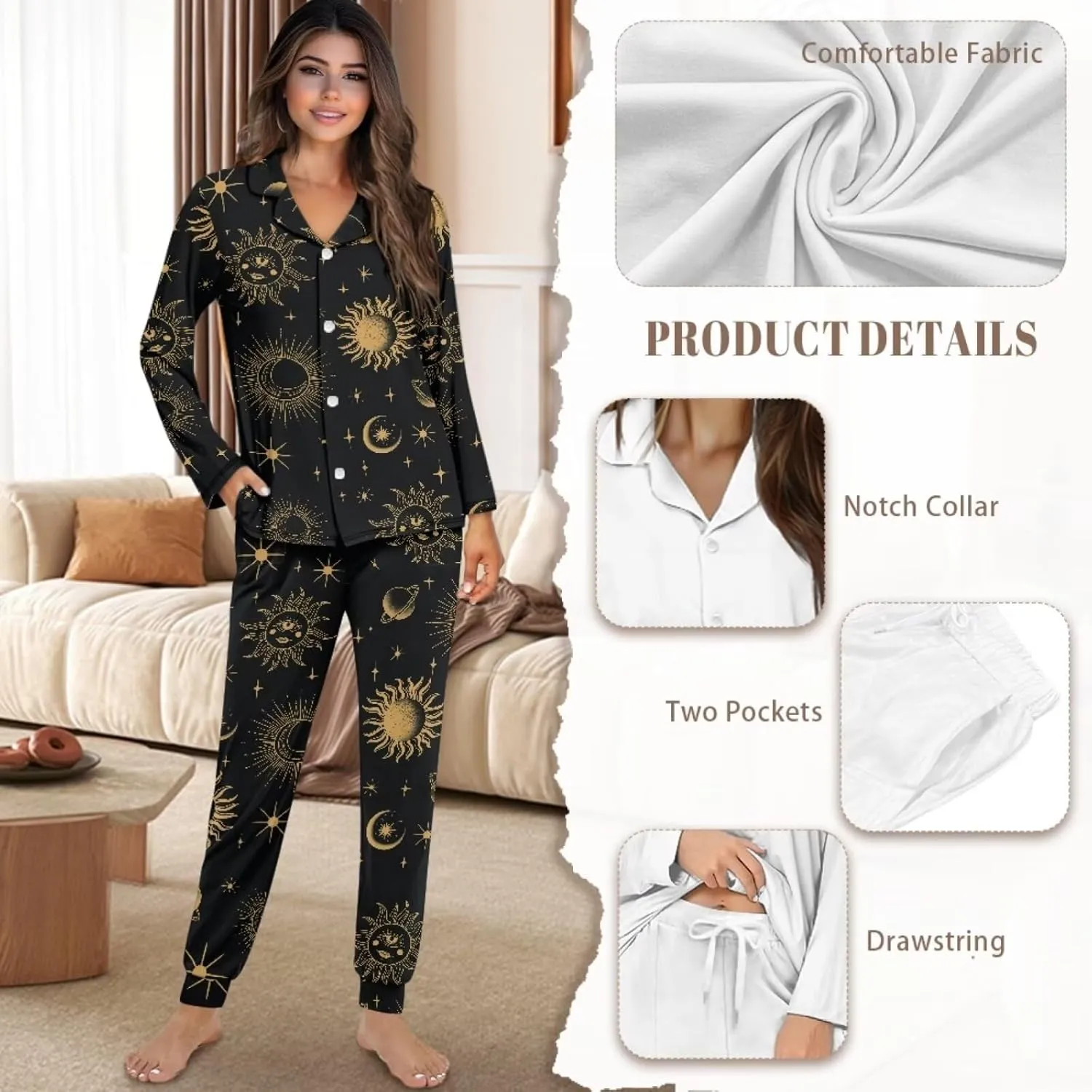 Long Sleeve Button Down Pajamas Set for Women Soft Sleepwear Nighty Loungewear 2 Pieces
