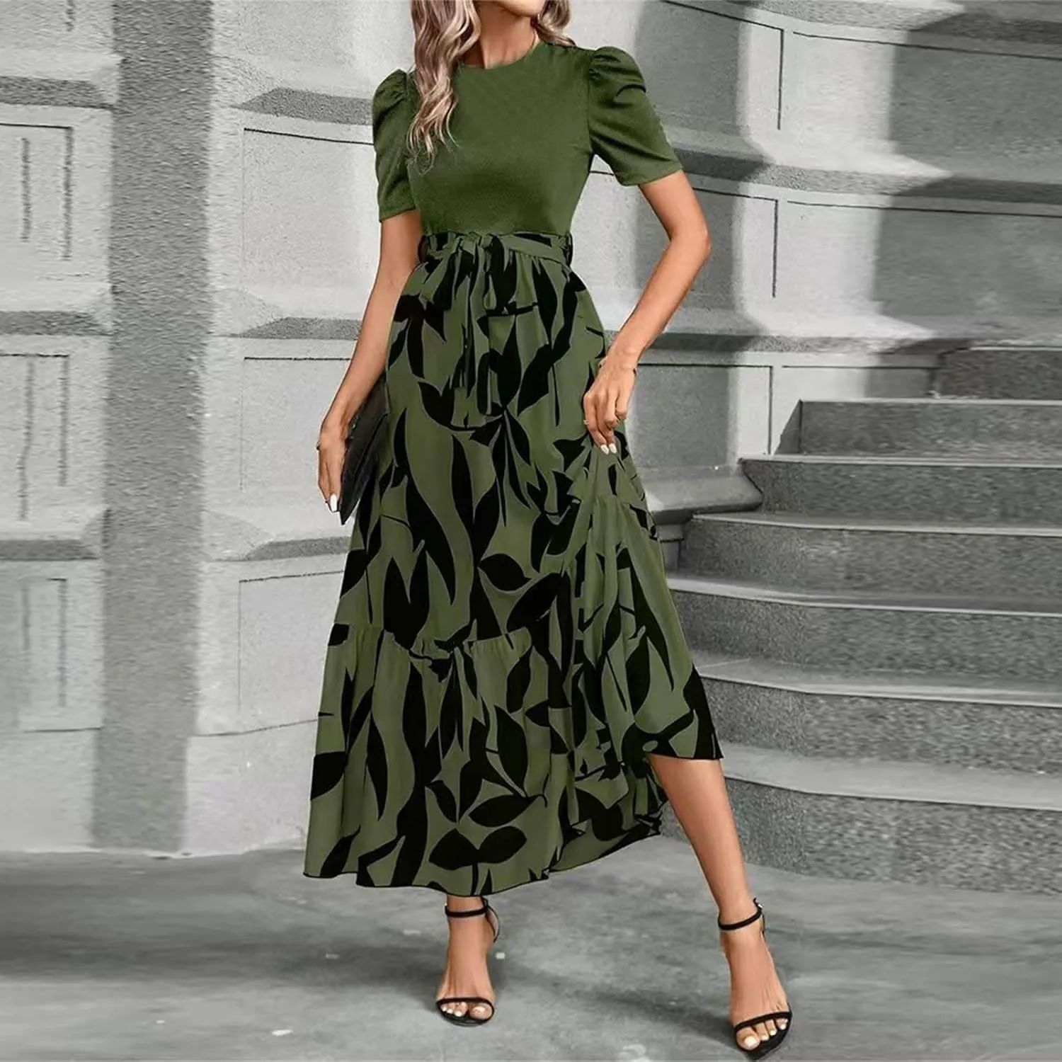 Long Summer Dresses for Women 2025 Cute Puff Sleeve Spring Floral Dresses Patchwork a Line Boho Maxi Dress with Belt