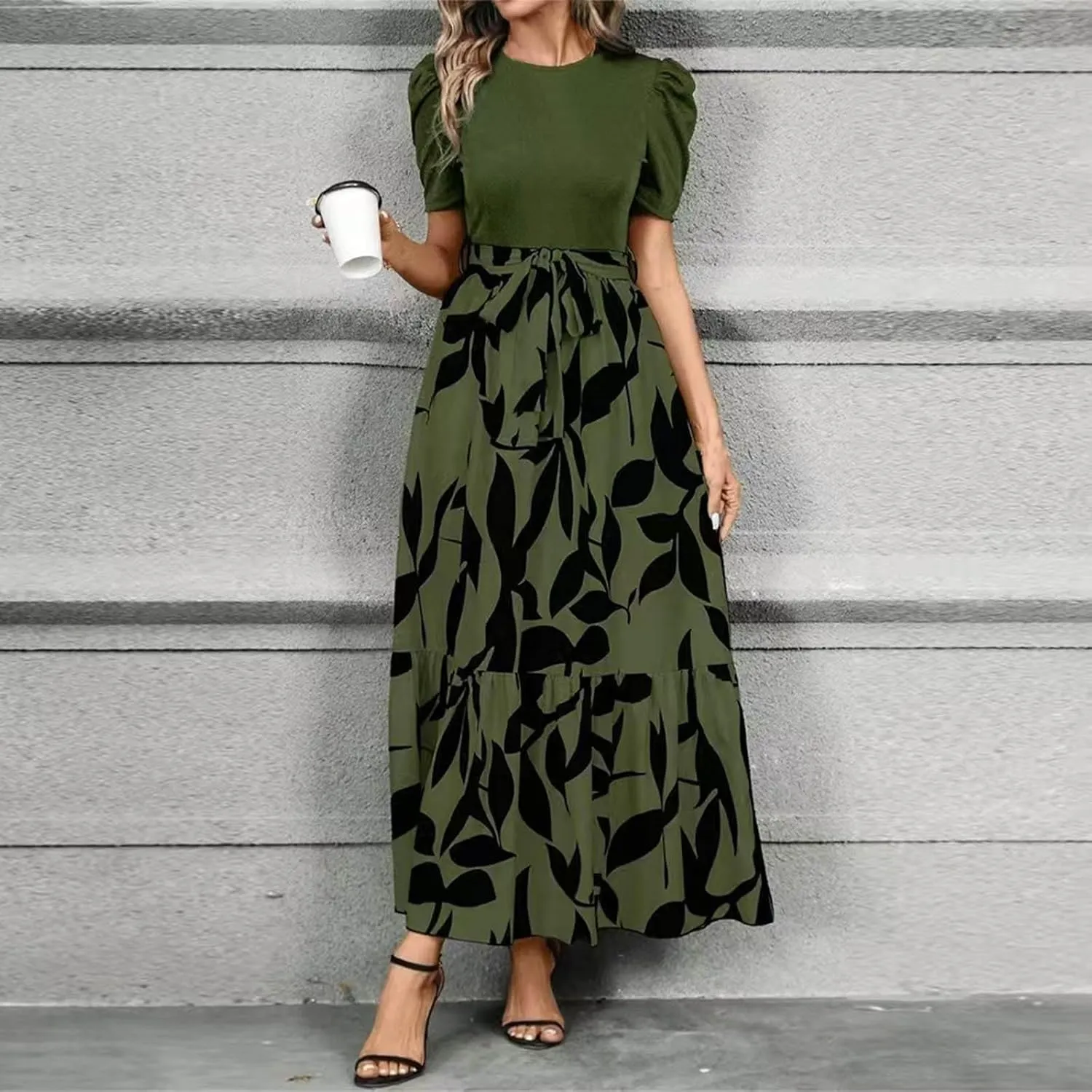 Long Summer Dresses for Women 2025 Cute Puff Sleeve Spring Floral Dresses Patchwork a Line Boho Maxi Dress with Belt