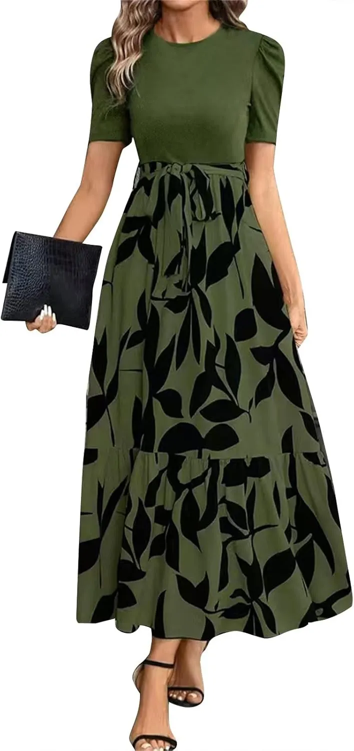 Long Summer Dresses for Women 2025 Cute Puff Sleeve Spring Floral Dresses Patchwork a Line Boho Maxi Dress with Belt