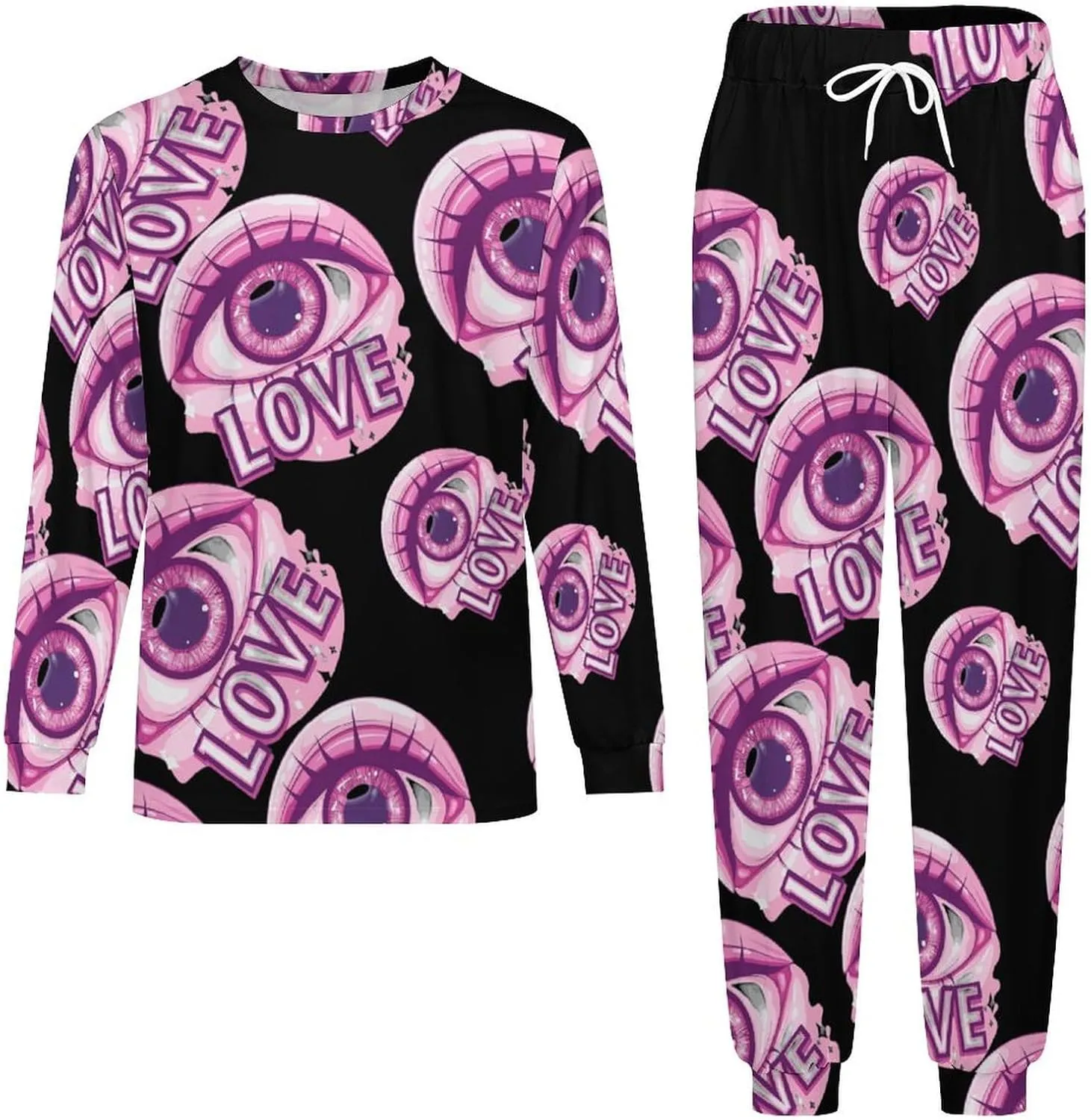 Love Evil Eye Men's Pajama Set Crewneck Shirts And Bottoms Soft Pjs Set Long Sleeve Sleepwear Loungewear