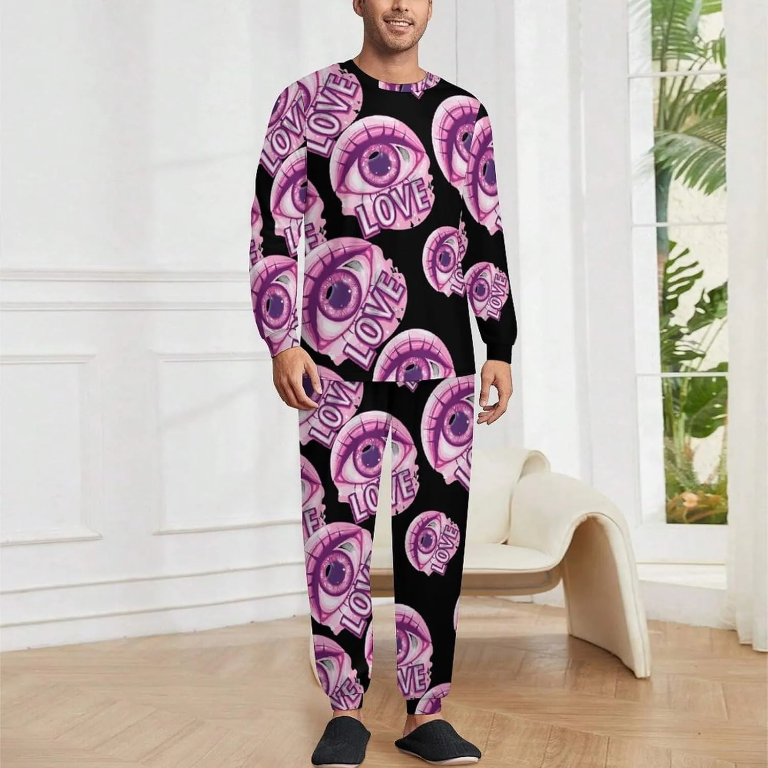 Love Evil Eye Men's Pajama Set Crewneck Shirts And Bottoms Soft Pjs Set Long Sleeve Sleepwear Loungewear