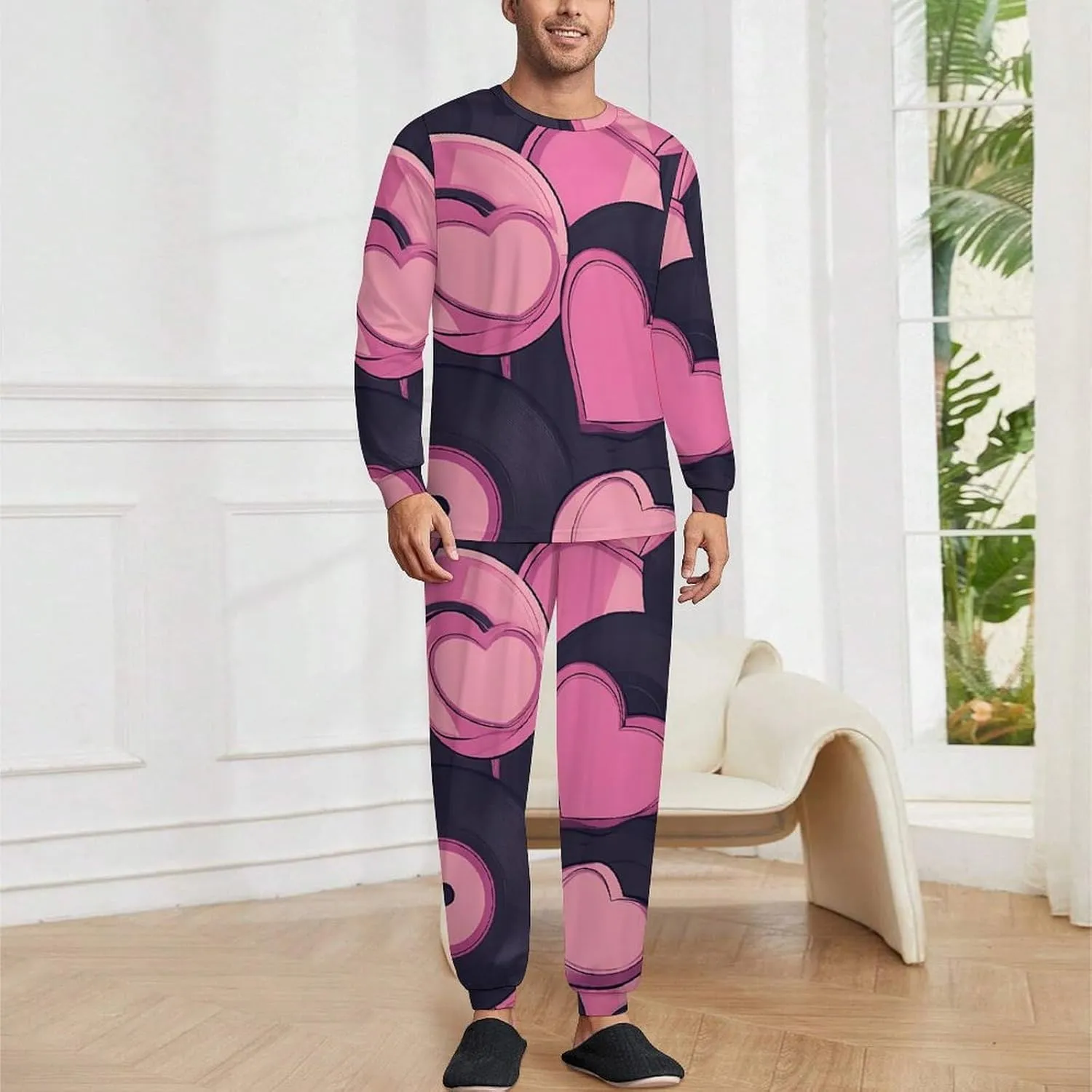 Love Vintage Vinyl Record Soft Mens Pajamas Set Round Neck Pullover Long Sleeve And Pants Loungewear 2 Piece Pjs Set