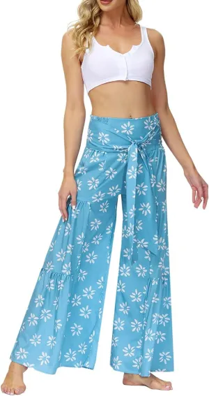 Lrady Women Wide Leg Palazzo Lounge Pants Printed Beach Summer Boho Tie-Waist Bell Bottoms Trousers